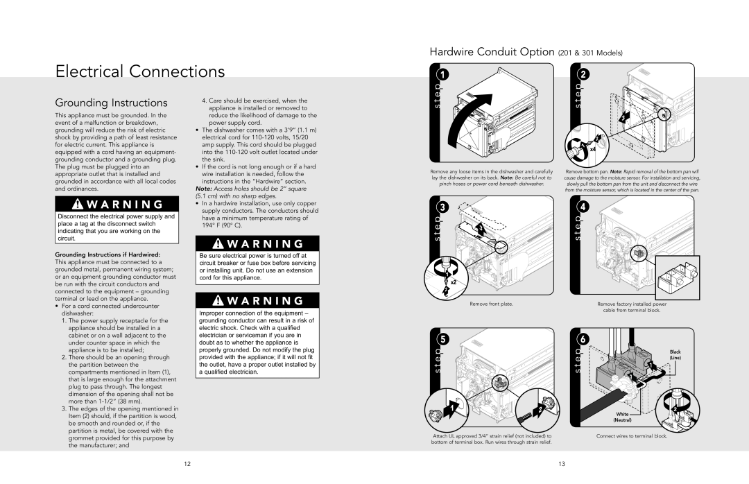 Viking manual Electrical Connections, Hardwire Conduit Option 201 & 301 Models, Grounding Instructions 