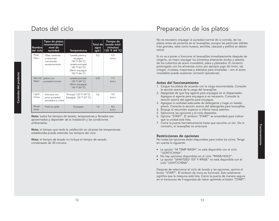 Viking 301 manual Datos del ciclo, Preparación de los platos, Antes del funcionamiento, Restricciones de opciones 