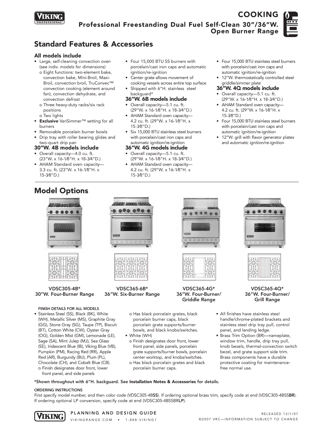 Viking 30W dimensions Standard Features & Accessories, Model Options 