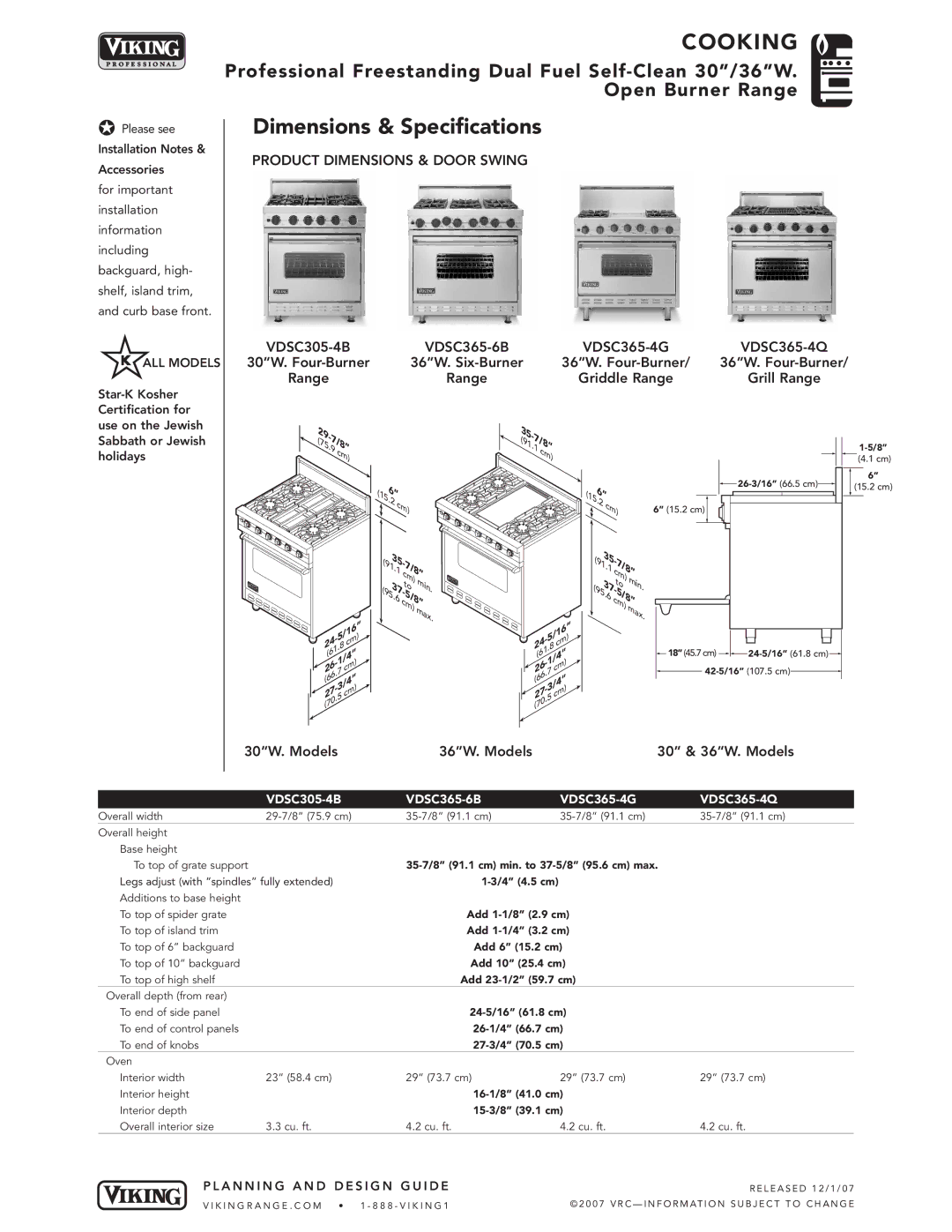 Viking 30W Dimensions & Specifications, 30W. Four-Burner 36W. Six-Burner 36W. Four-Burner, Griddle Range Grill Range 