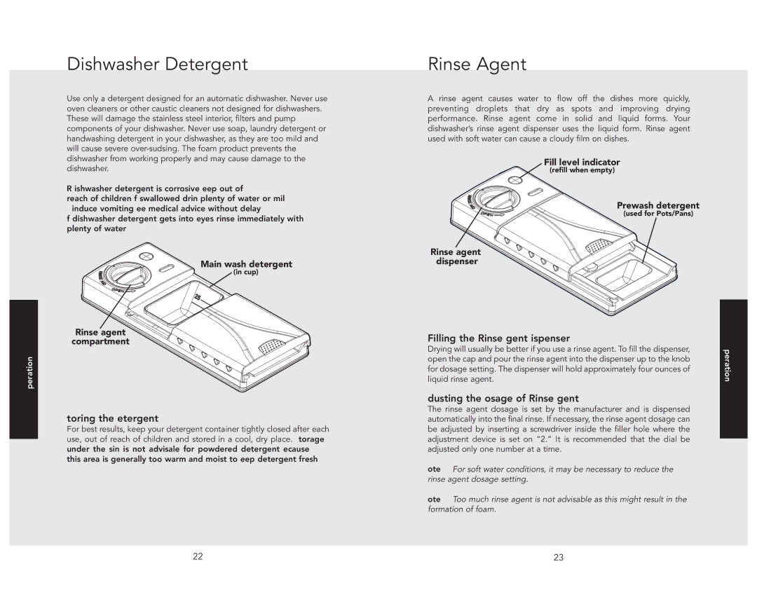 Viking 324 manual Dishwasher Detergent, Storing the Detergent, Filling the Rinse Agent Dispenser 