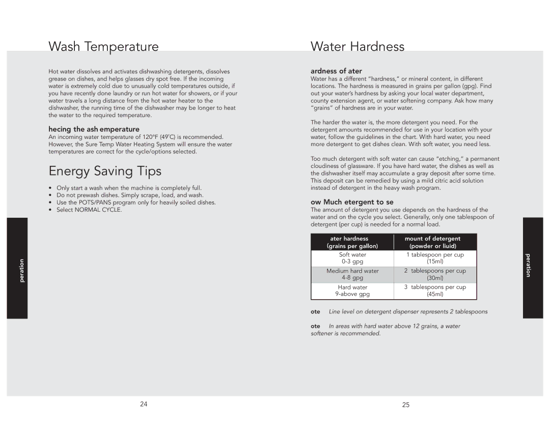 Viking 324 manual Wash Temperature, Energy Saving Tips, Water Hardness 