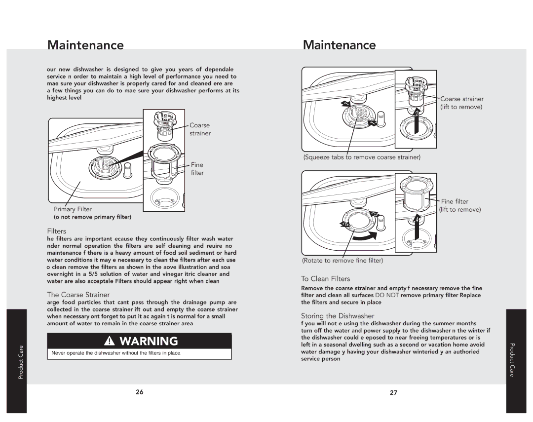 Viking 324 manual Maintenance, Coarse Strainer, To Clean Filters, Storing the Dishwasher 