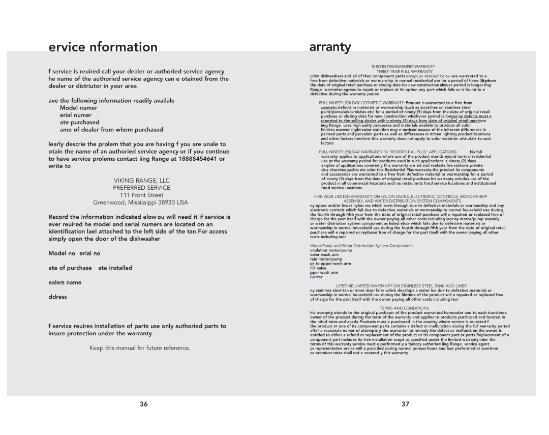 Viking 324 manual Service Information, Warranty 