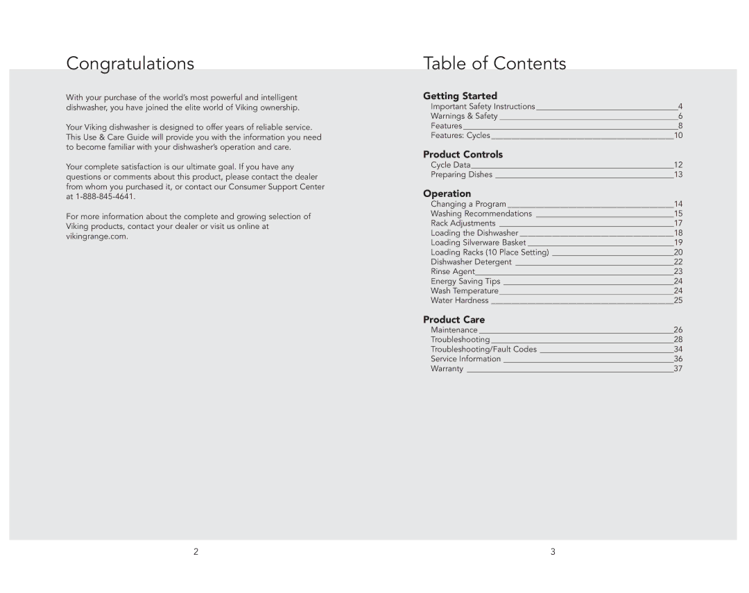 Viking 324 manual Congratulations, Table of Contents 