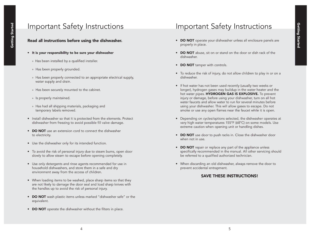 Viking 324 manual Important Safety Instructions, Read all instructions before using the dishwasher, Getting Started 