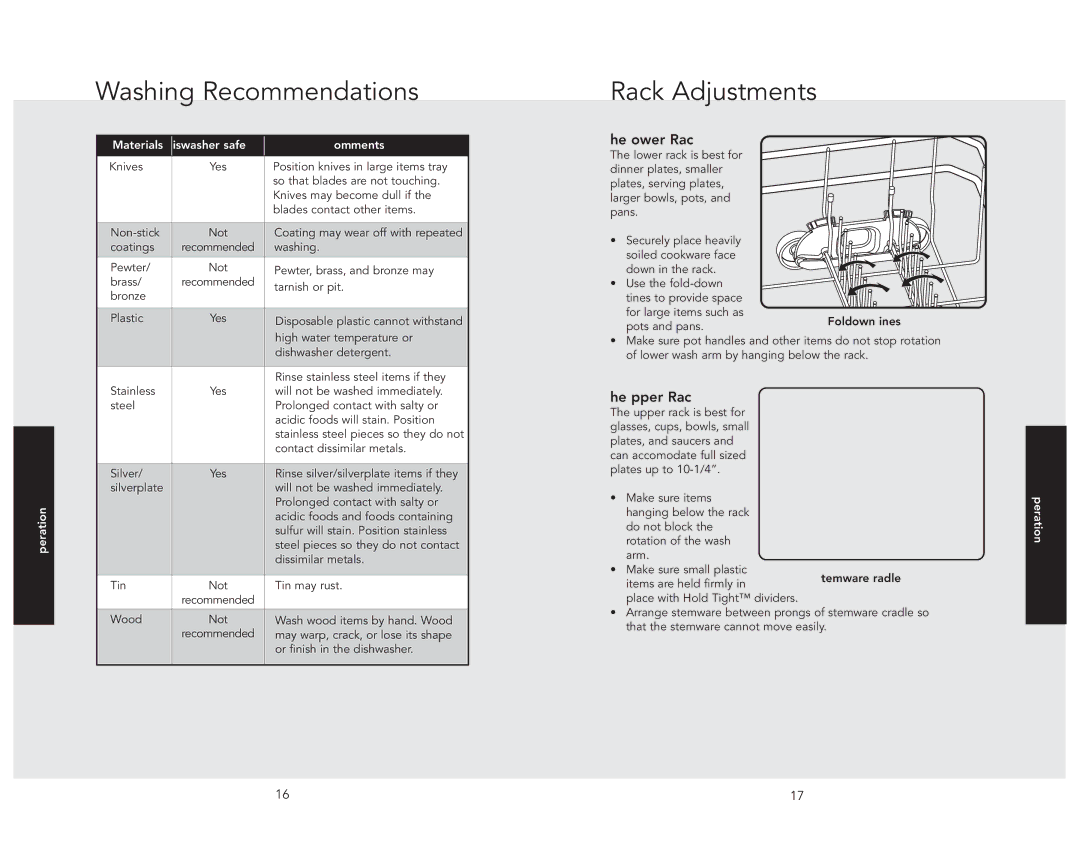 Viking 324 manual Rack Adjustments, Lower Rack, Upper Rack 