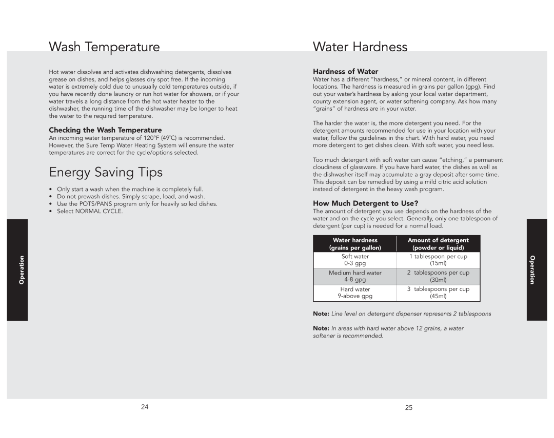 Viking 324 manual Energy Saving Tips, Water Hardness, Checking the Wash Temperature, Hardness of Water 