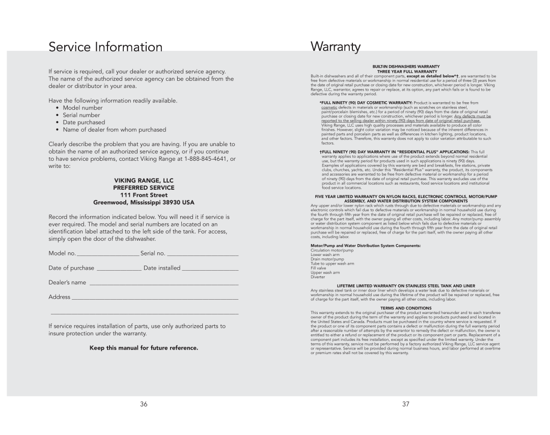 Viking 324 manual Service Information, Warranty, VIKING RANGE, LLC PREFERRED SERVICE 111 Front Street 
