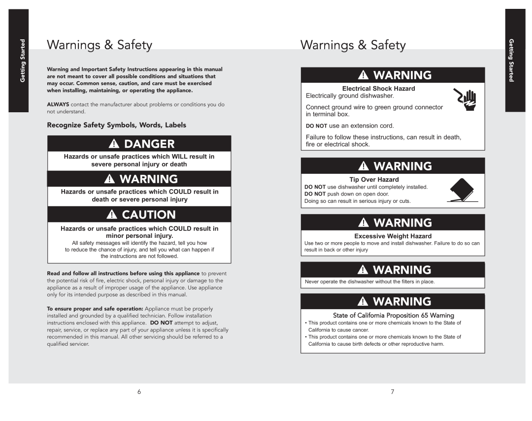 Viking 324 manual Warnings & Safety, Recognize Safety Symbols, Words, Labels, Electrically ground dishwasher, Danger 