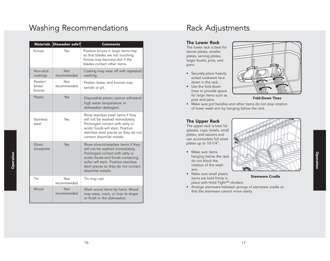 Viking 324 manual Rack Adjustments, The Lower Rack, The Upper Rack, Washing Recommendations 