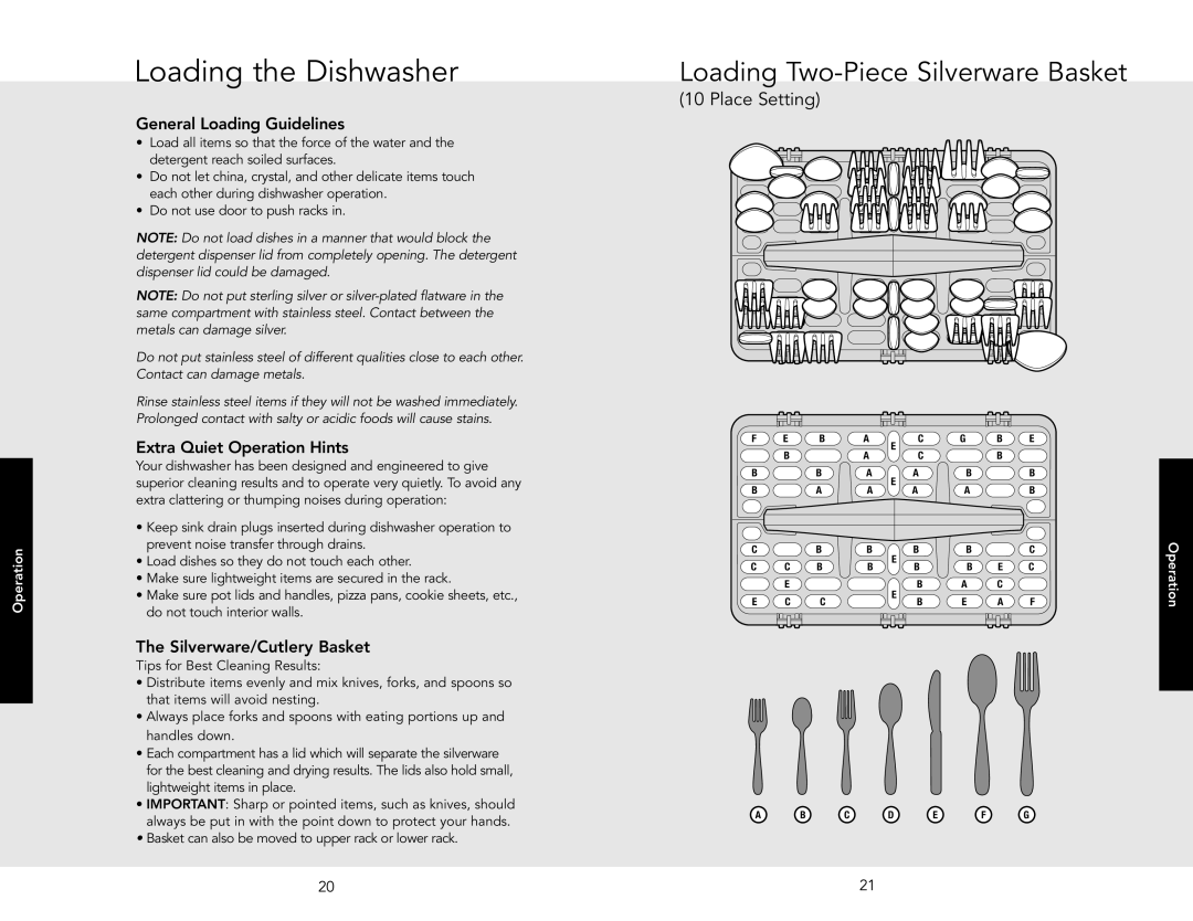 Viking 450E Loading the Dishwasher, General Loading Guidelines, Extra Quiet Operation Hints, Silverware/Cutlery Basket 