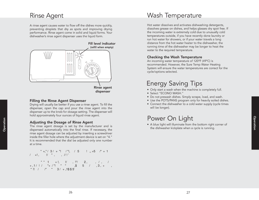 Viking 325E, 450E manual Rinse Agent, Wash Temperature, Energy Saving Tips, Power On Light 