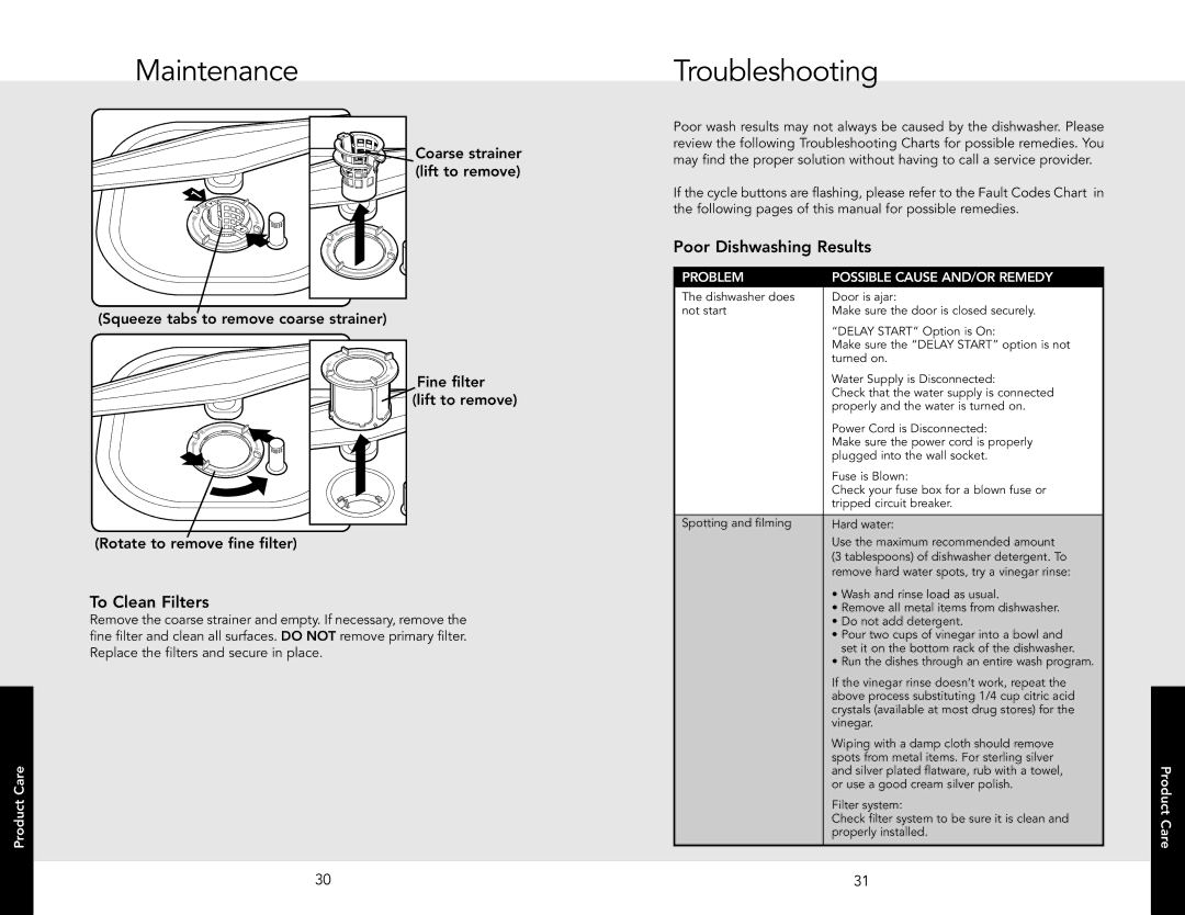 Viking 325E, 450E manual Maintenance Troubleshooting, Poor Dishwashing Results, To Clean Filters 