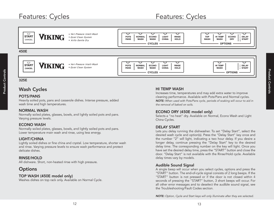 Viking 325E manual Features Cycles, TOP Wash 450E model only, Econo DRY 450E model only, Audible Sound Signal 