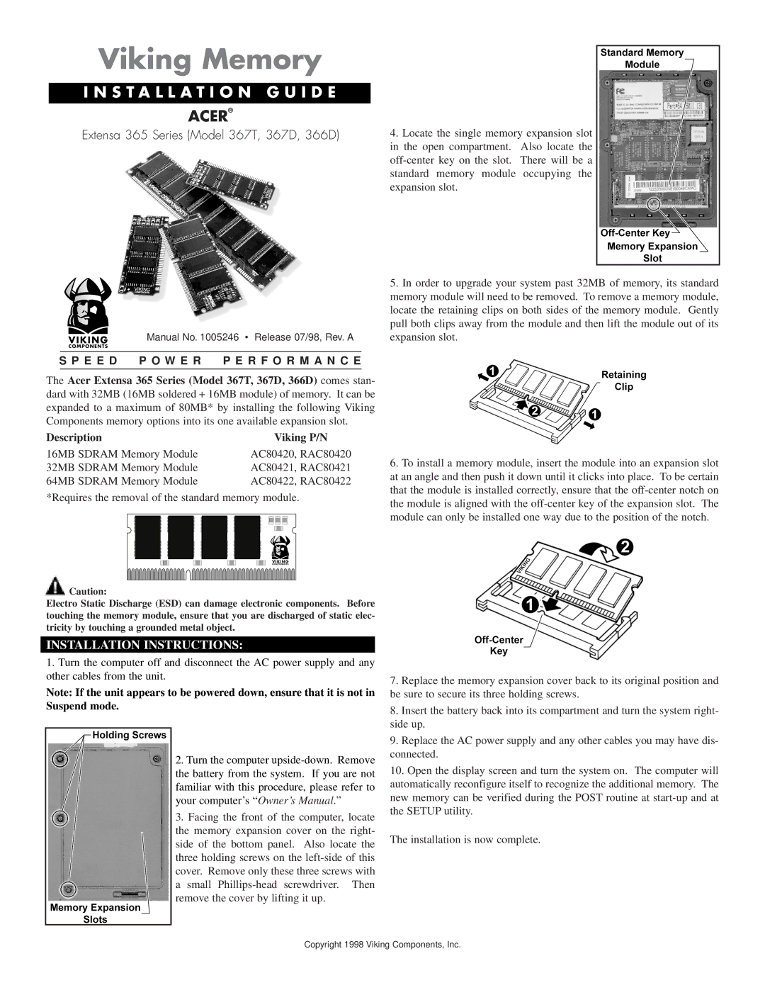 Viking 367D, 366D, 367T installation instructions Viking Memory, Installation G U I D E, Acer, Installation Instructions 