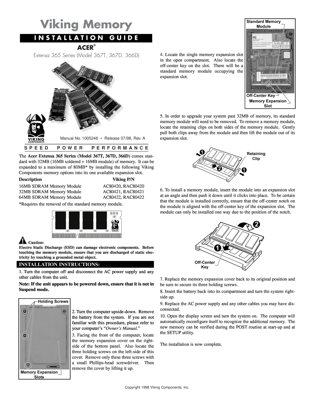 Viking 367D installation instructions Viking Memory, I N S T A L L A T I O N G U I D E, Acer, Installation Instructions 