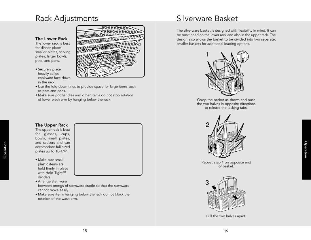 Viking 450 manual Rack Adjustments, Silverware Basket, Lower Rack, Upper Rack 