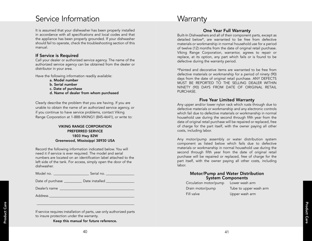 Viking 450 manual Service Information Warranty 