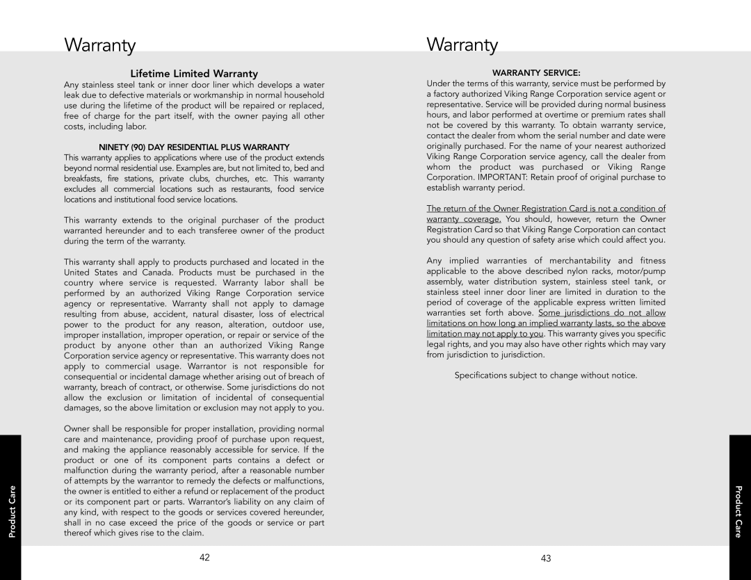 Viking 450 manual IfetimeL Limited Warranty, Ninety 90 Dayresidential Plus Warranty 