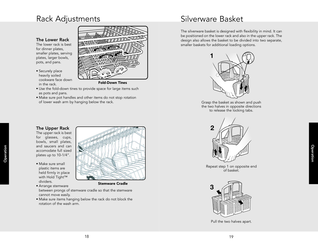 Viking 450 manual Rack Adjustments, Silverware Basket, The Lower Rack, The Upper Rack, Operation, Stemware Cradle 