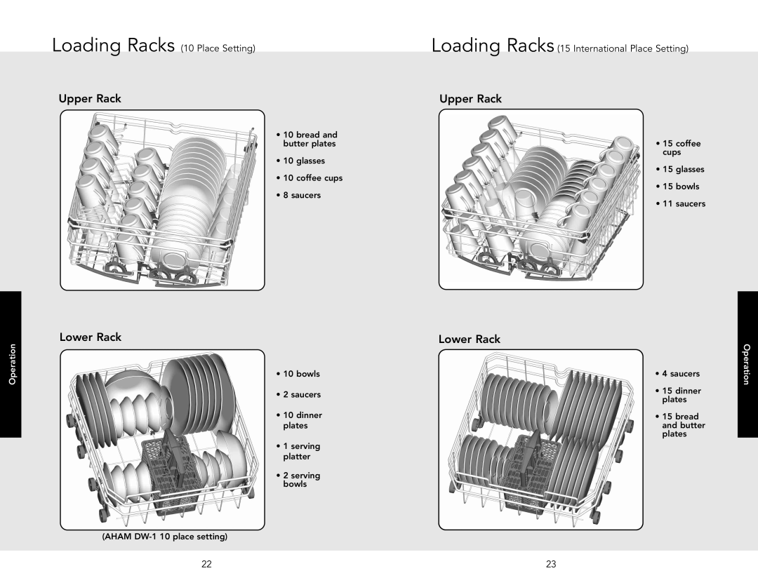 Viking 450 Upper Rack, Lower Rack, Loading Racks 10 Place Setting, Loading Racks 15 International Place Setting, Operation 