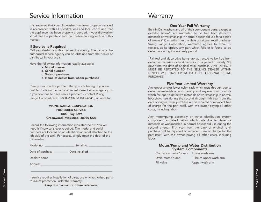 Viking 450 manual Service Information, One Year Full Warranty, If Service is Required, Five Year Limited Warranty 