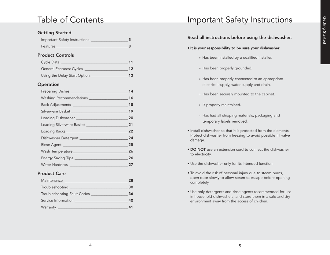 Viking 450 Table of Contents, Important Safety Instructions, Getting Started, Product Controls, Operation, Product Care 
