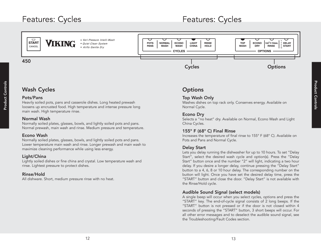 Viking 450 manual Features Cycles, Options, Wash Cycles 
