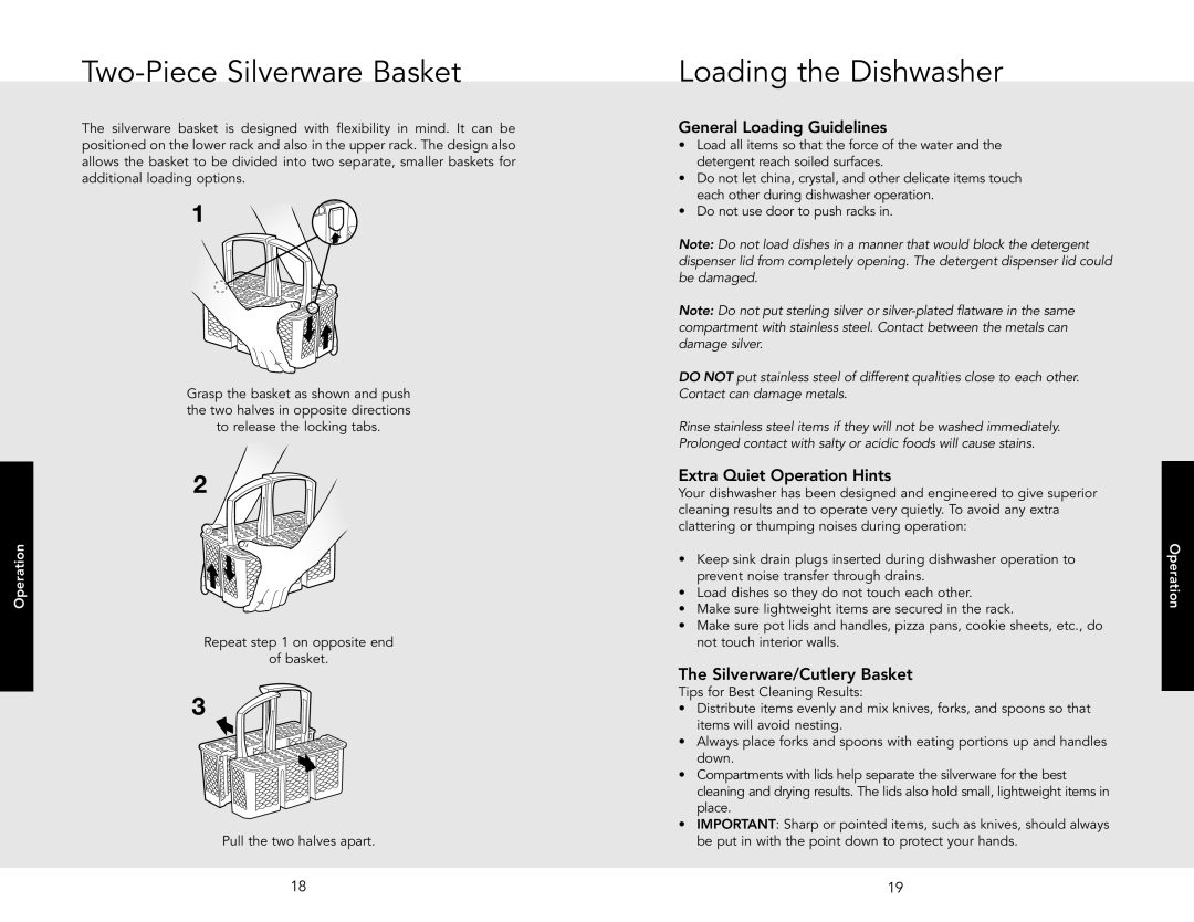 Viking 451 Two-Piece Silverware Basket, Loading the Dishwasher, General Loading Guidelines, Extra Quiet Operation Hints 