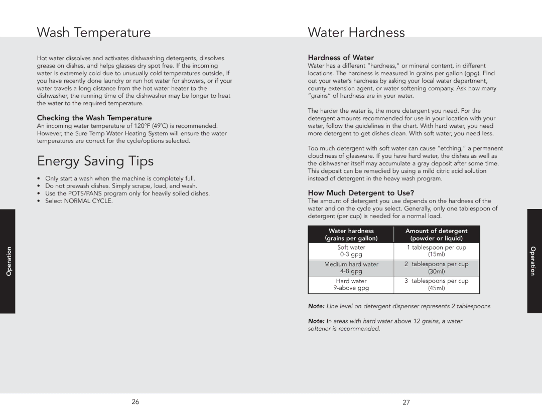 Viking 451 manual Wash Temperature, Energy Saving Tips, Water Hardness 