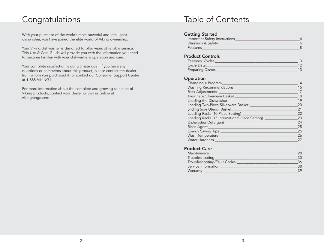 Viking 451 manual Congratulations, Table of Contents 