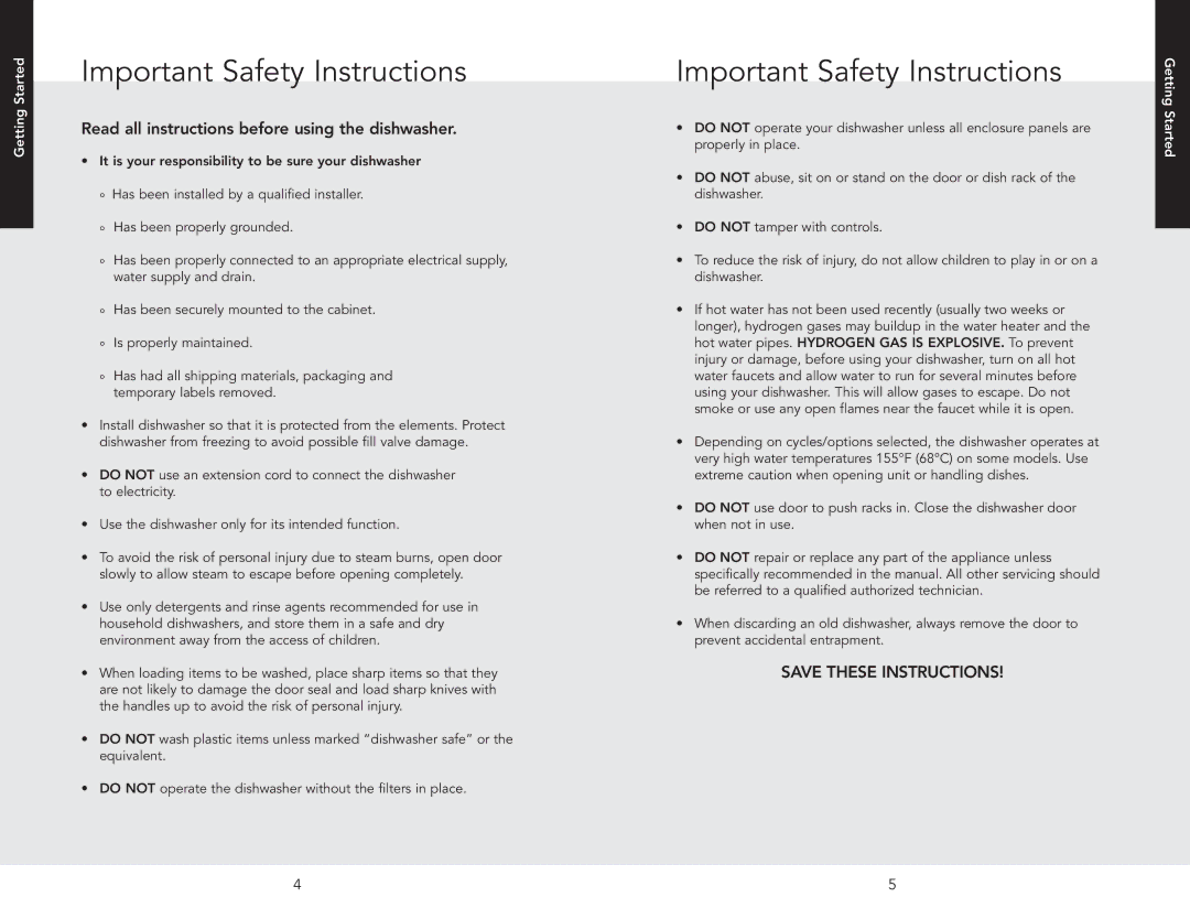 Viking 451 manual Important Safety Instructions, Read all instructions before using the dishwasher, Getting Started 