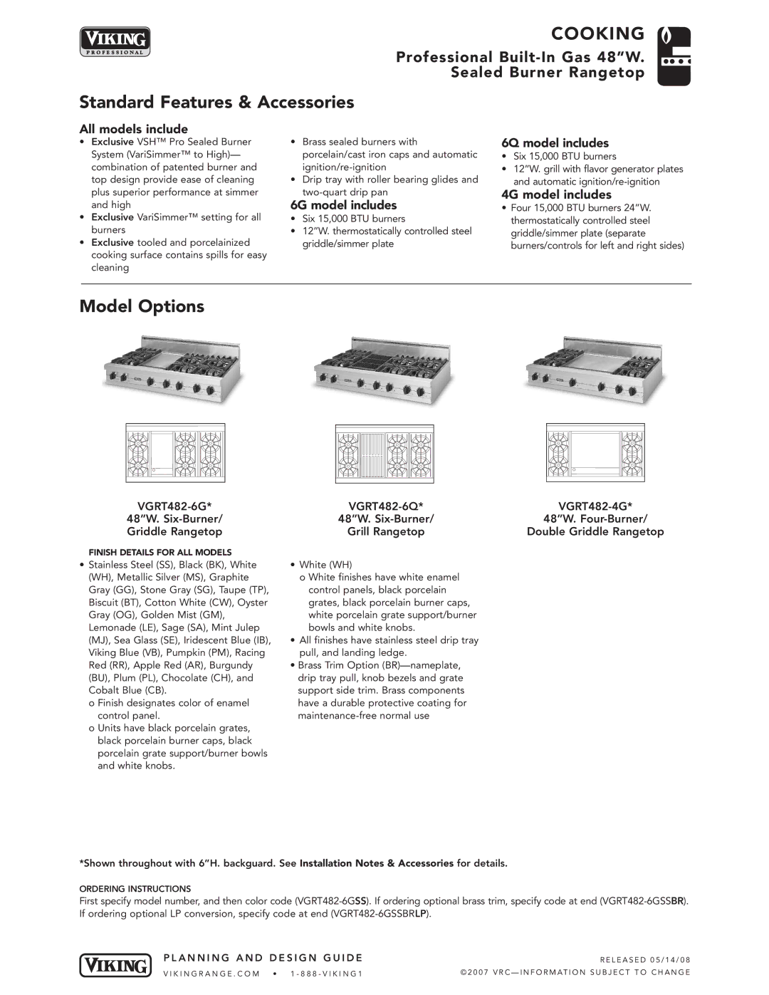 Viking 48 W manual Standard Features & Accessories, Model Options 