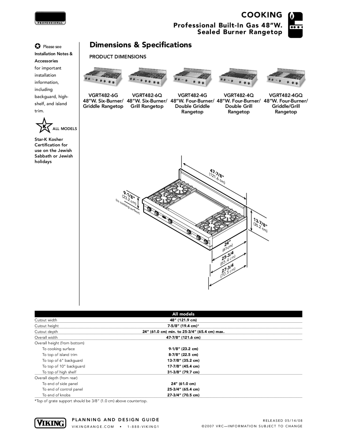 Viking 48 W manual Dimensions & Specifications, Product Dimensions, VGRT482-4GQ 