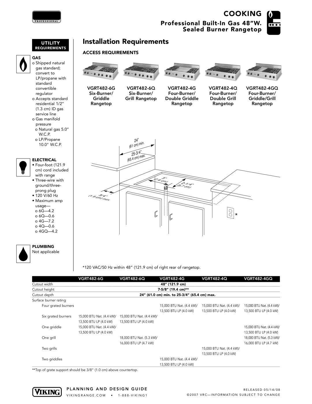 Viking 48 W manual Installation Requirements, Utilit Y 