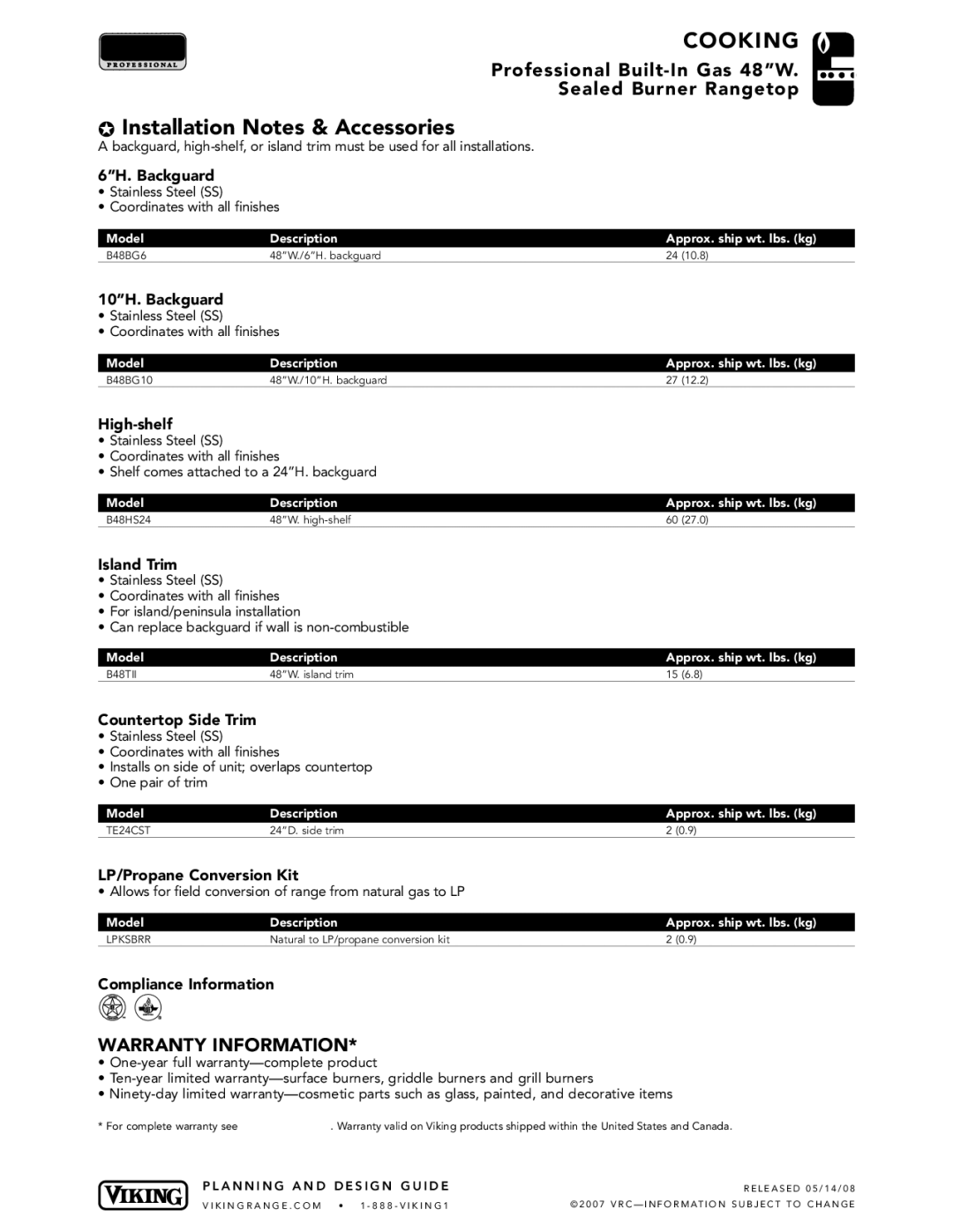 Viking 48 W manual Installation Notes & Accessories 