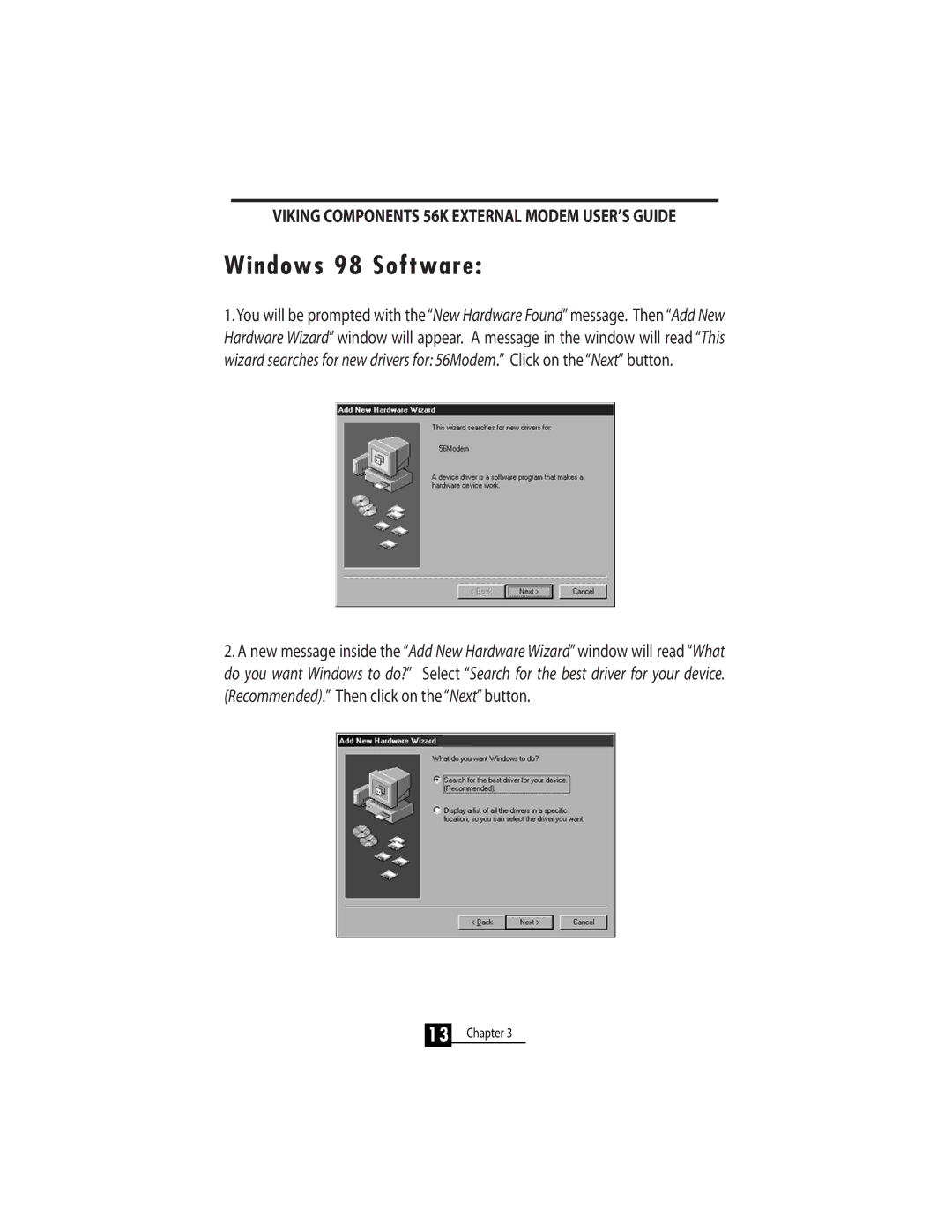 Viking 56K manual Windows 98 Software 