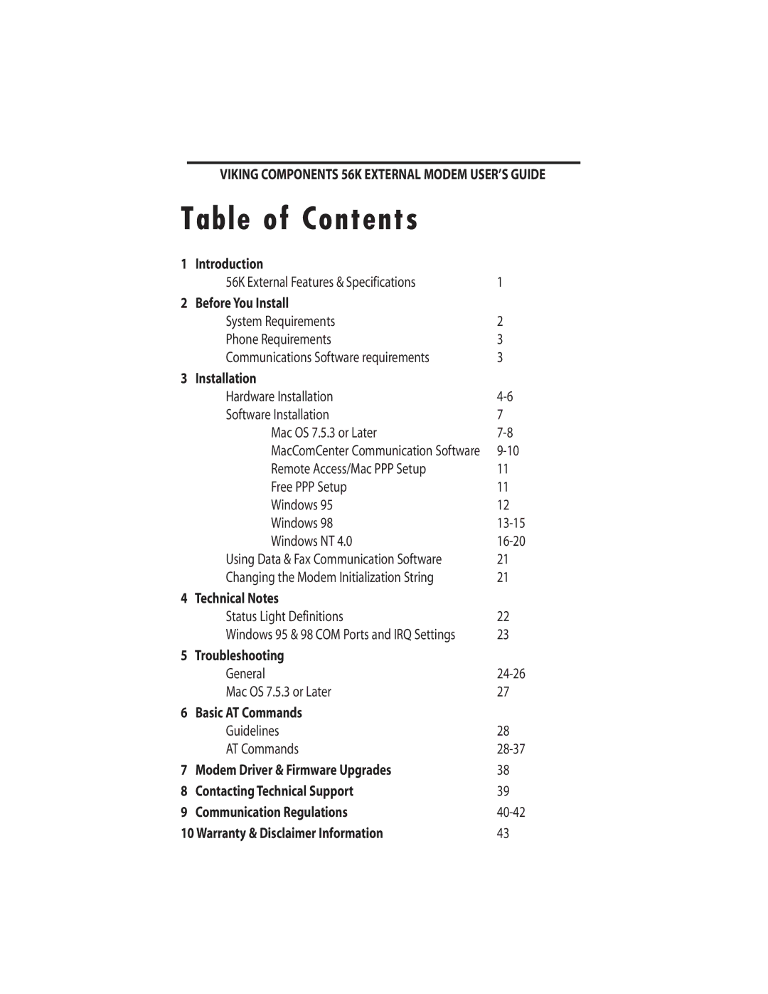 Viking 56K manual Table of Contents 