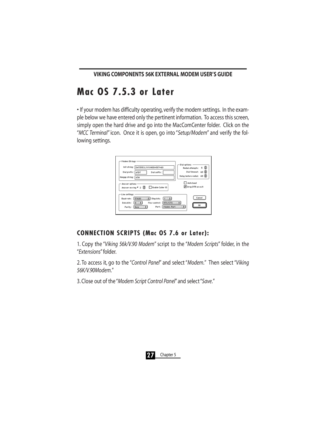 Viking 56K manual Mac OS 7.5.3 or Later, Connection Scripts Mac OS 7.6 or Later 