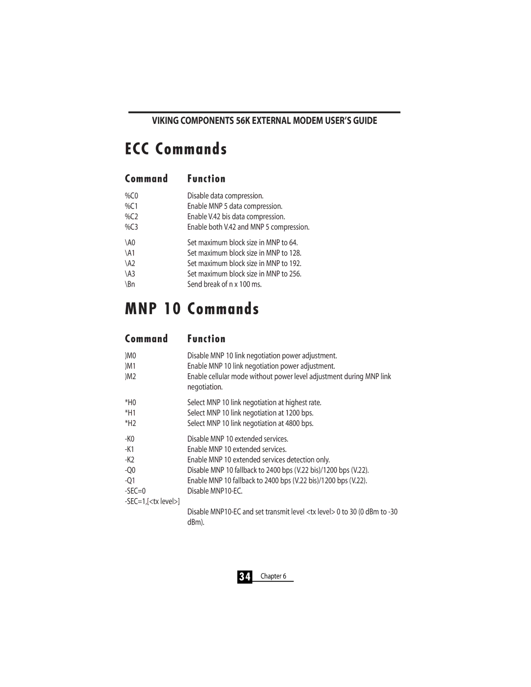 Viking 56K manual ECC Commands, MNP 10 Commands 