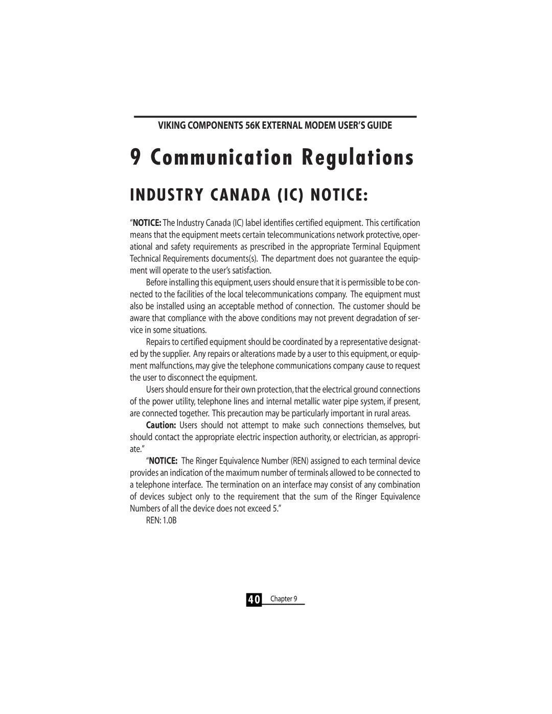 Viking 56K manual Communication Regulations, Industry Canada IC Notice 