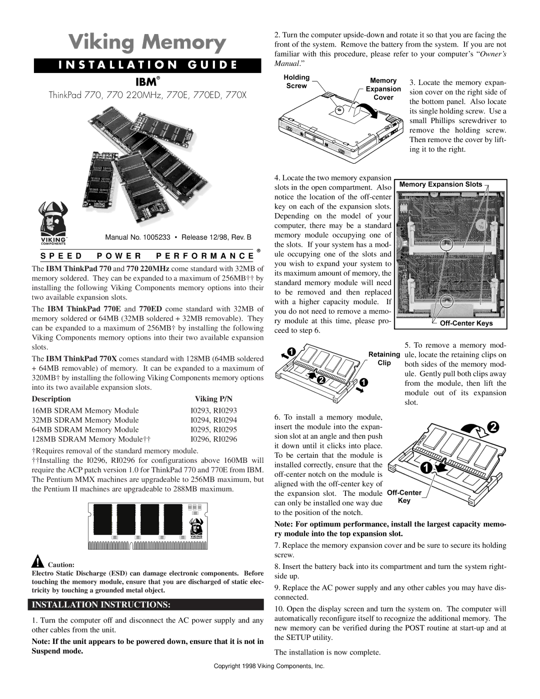 Viking installation instructions Viking Memory, Installation G U I D E, Ibm, ThinkPad 770, 770 220MHz, 770E, 770ED 