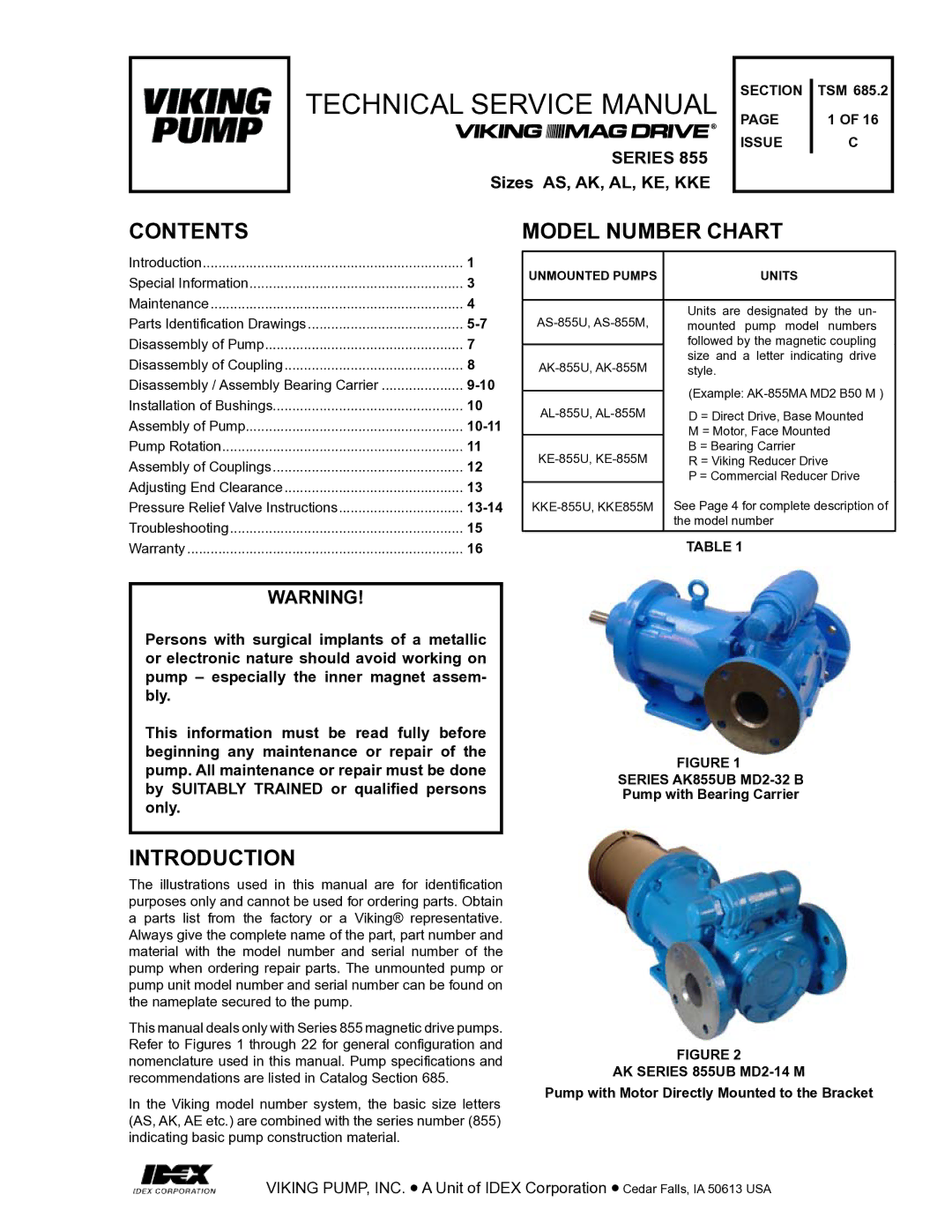 Viking 855 service manual Contents, Model Number Chart, Introduction 