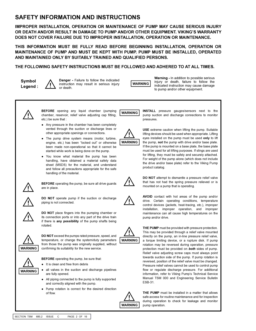 Viking 855 service manual Safety Information and Instructions, Symbol 