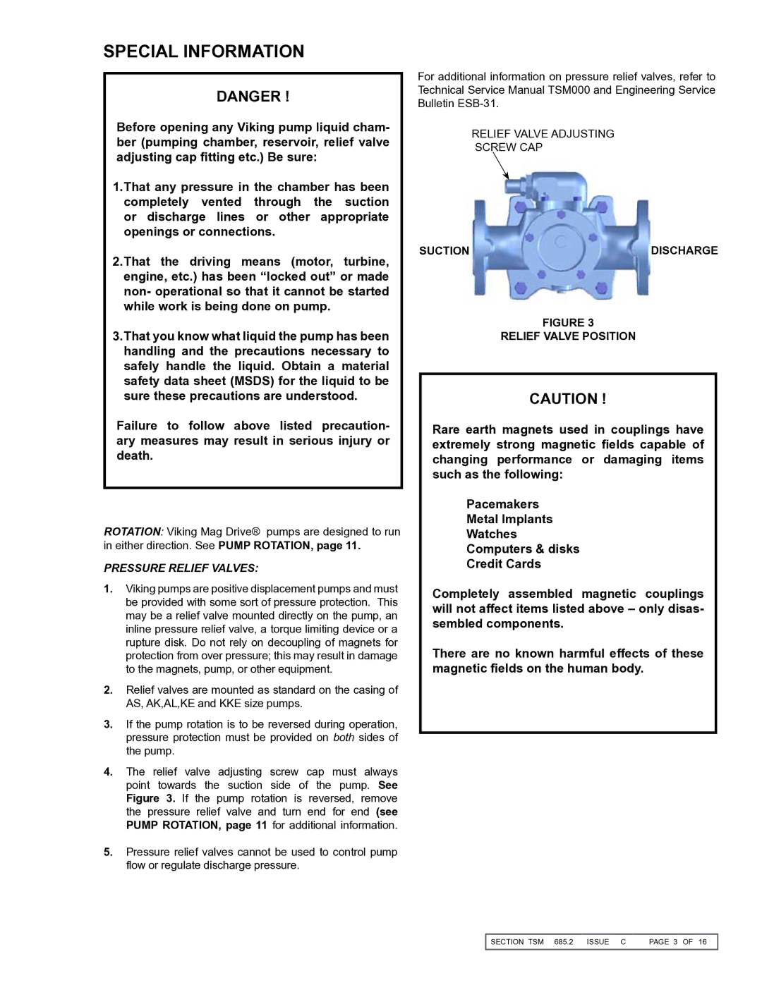 Viking 855 service manual Special Information, Suction Discharge, Relief Valve Position 