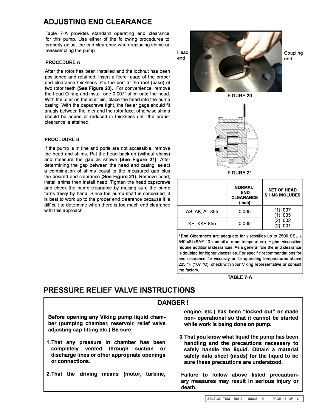 Viking 855 service manual Adjusting End Clearance, Pressure Relief Valve Instructions, Danger 