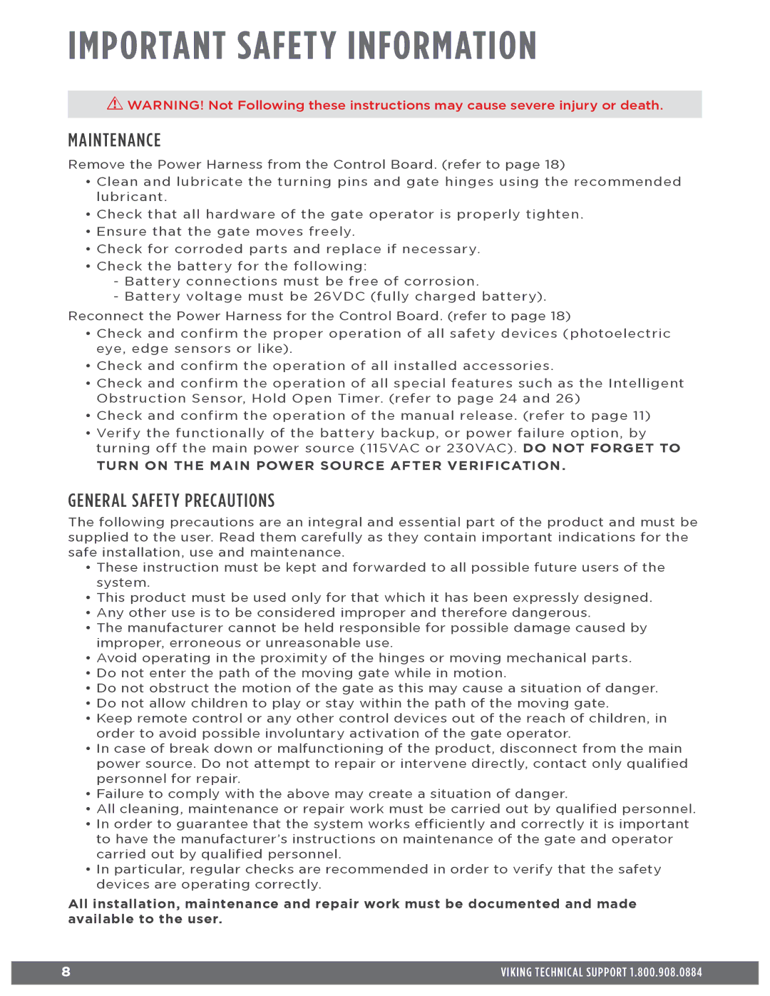 Viking Access Systems f1 gate manual Maintenance, General Safety Precautions 