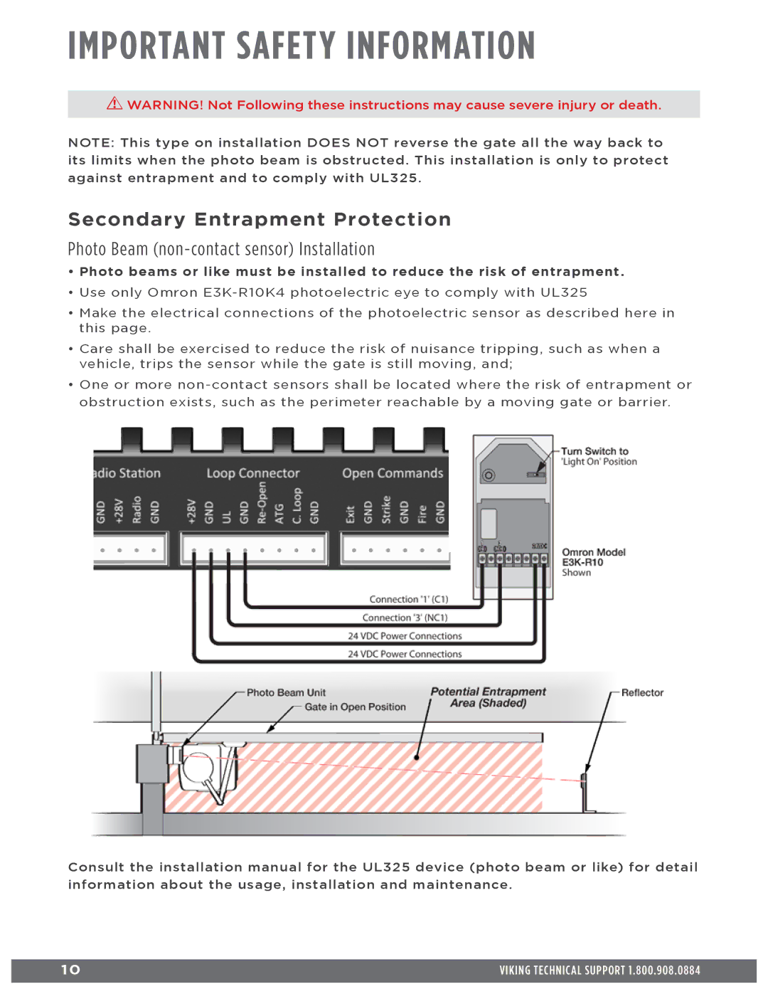 Viking Access Systems f1 gate manual Secondary Entrapment Protection, Photo Beam non-contact sensor Installation 