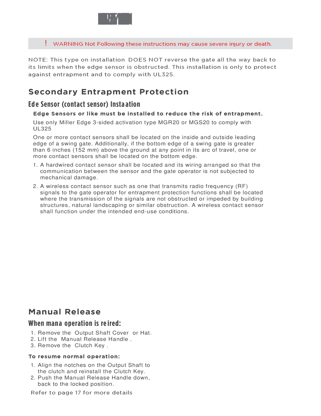 Viking Access Systems f1 gate Edge Sensor contact sensor Installation, Manual Release, When manual operation is required 